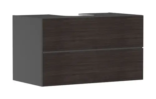Schwarzer Waschtischunterschrank mit zwei Schubkästen und abgerundeter Aussparung an der Oberseite. Produkt von Hansgrohe, geeignet für Aufsatzwaschtische.